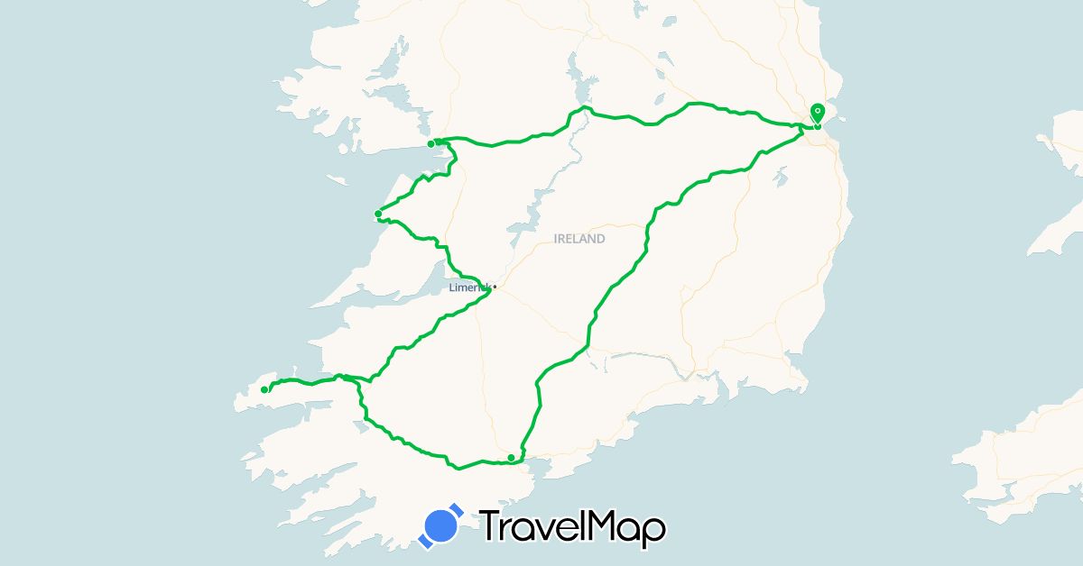 TravelMap itinerary: driving, bus in Ireland (Europe)